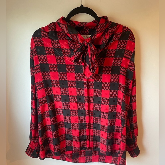St. John Red Black Buffalo Plaid Polka Dot Tie Bow Button Up Blouse Women’s 12 J - Picture 1 of 7